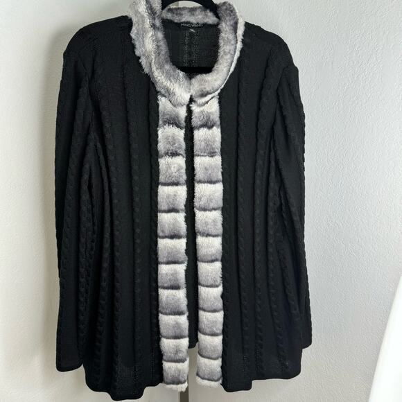 Ming Wang Black Faux Fur Cable Knit Cardigan Sweater Size 0X Glam Quiet Luxury - Picture 4 of 12